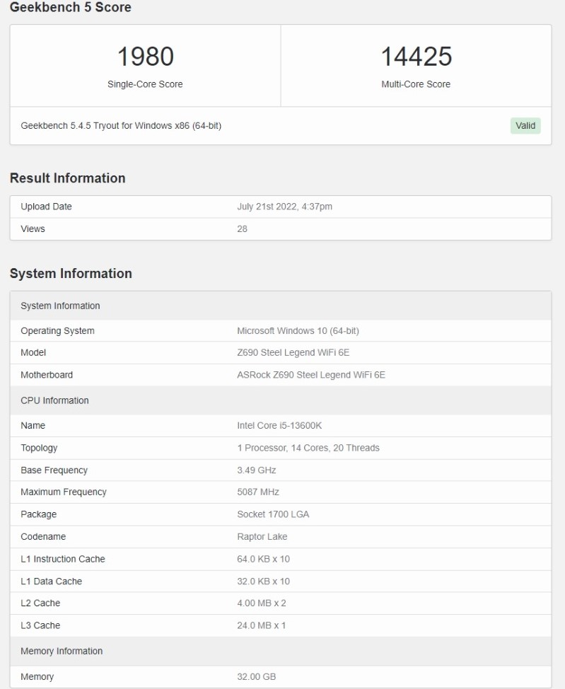 GeekBench của Intel Core i5-13600K