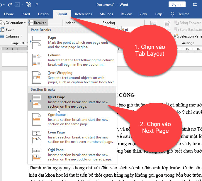 Ngắt trang trên word