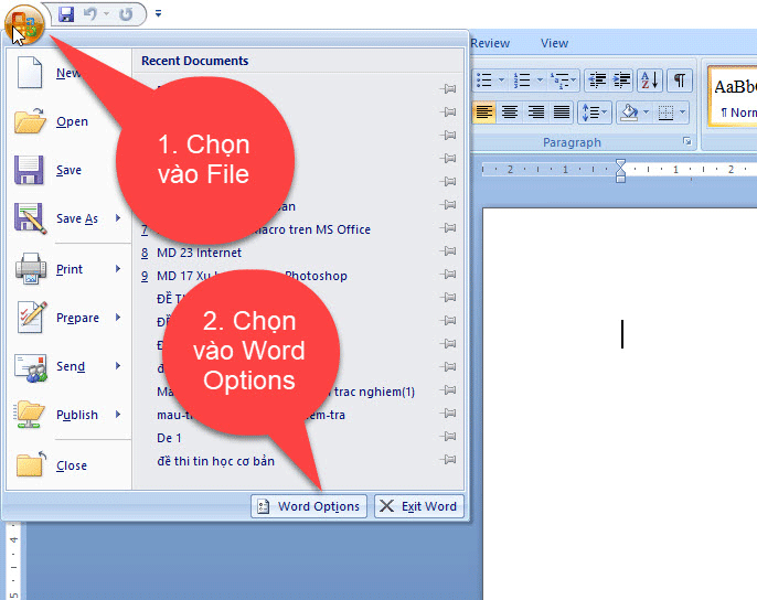 Vào Word Options