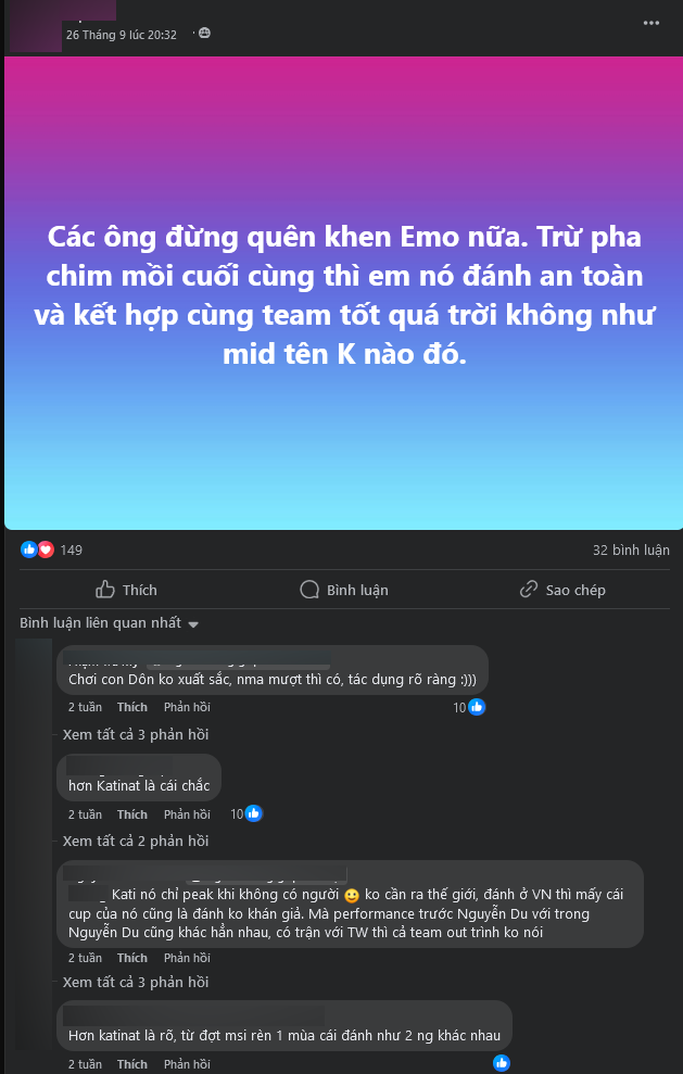 Ngày 26/9 khi GAM đánh bại SHG thì những so sánh giữa Emo và Kati bùng lên với xu hướng chê bai cựu sao GAM không bằng người đàn em hiện tại