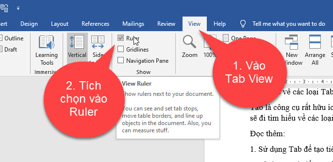 Cách hiển thị Ruler trong word