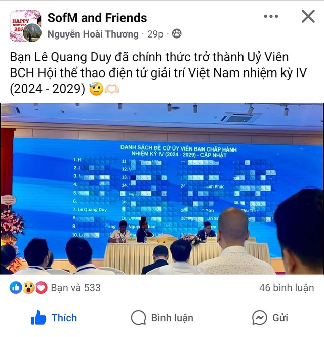 Sofm được bầu làm Ủy Viên BCH Hội thể thao điện tử giải trí Việt Nam nhiệm kỳ IV (2024 - 2029) - Ảnh: SofM and Friends