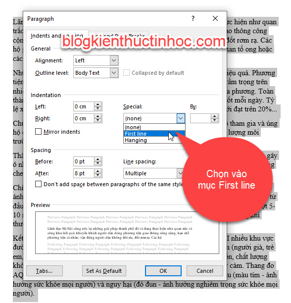 cách thụt vô đầu dòng trong word